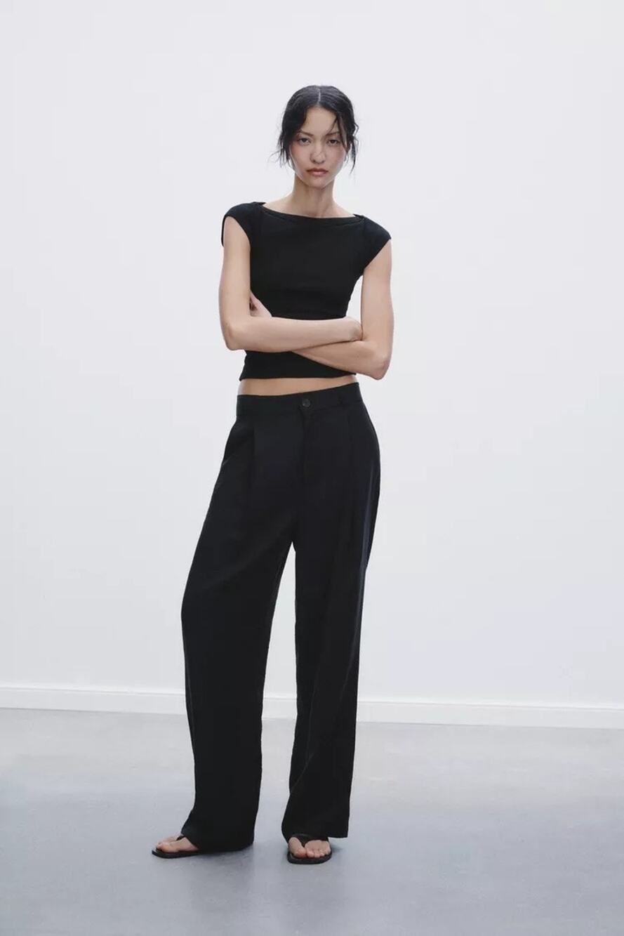Zara Pleated Chino Pants Black Size 31 NWT High Waist Tapered Trouser